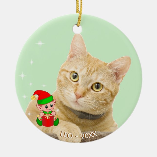 Custom Ginger Tabby Cat Foto mit Niedlichem Elf Keramik Ornament (Vorne)