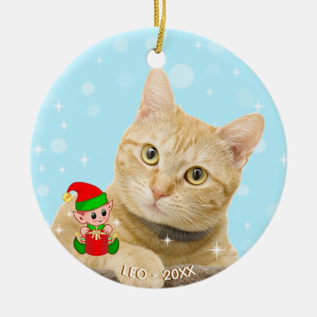 Custom Ginger Tabby Cat Foto mit Niedlichem Elf Keramik Ornament (Vorne)
