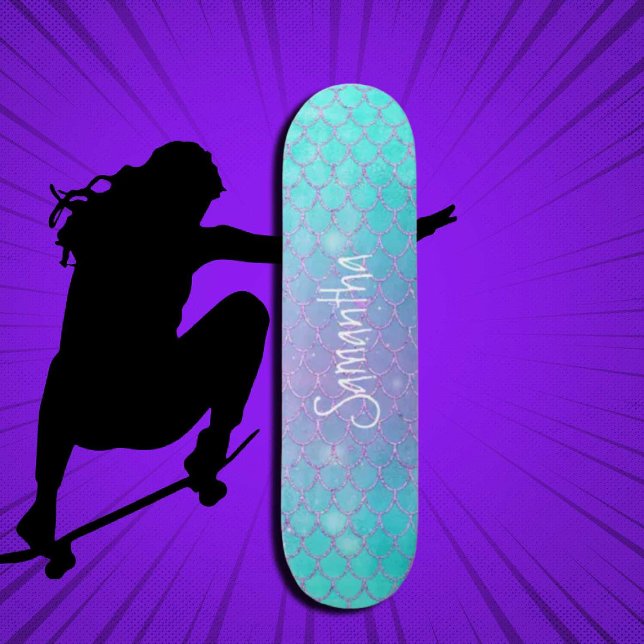 Custom Girl Glitzer Mermaid Blau und Rosa Skateboard (Girl Power, Original and best online Zazzle skateboard shop- Urban Warrior)