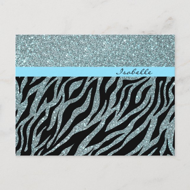 Custom Girl Glitzer Silver Aquamarin Zebra Glam Na Postkarte (Vorderseite)