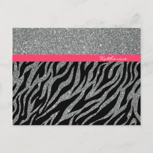 Custom Girl Glitzer Silver Pink Zebra Glam Name Postkarte