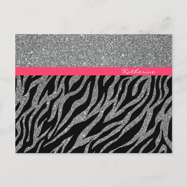 Custom Girl Glitzer Silver Pink Zebra Glam Name Postkarte (Vorderseite)
