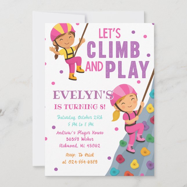 Custom Girl Rock Climbing Birthday Party Einladung (Vorderseite)