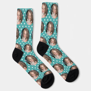 Custom Girlfriend Foto Aquamarin Blue Polka Dots L Socken