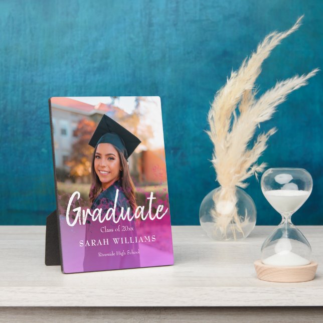Custom Girly Graduate Foto Script Rosa Overlay Fotoplatte (Seite)