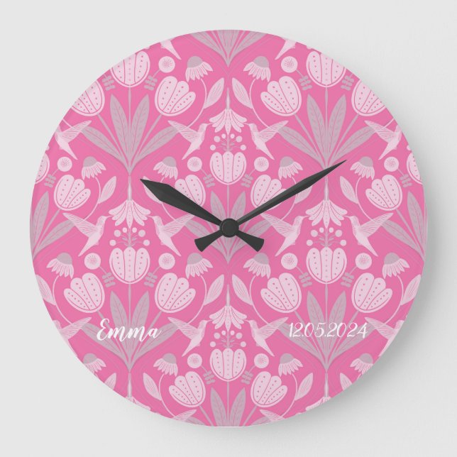 Custom girly rose pink Scandi hummingbirds floral Große Wanduhr (Vorderseite)