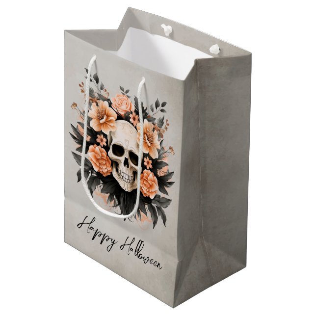 Custom Glam Floral Skull Halloween Mittlere Geschenktüte (Vorderseite Schrägansicht)