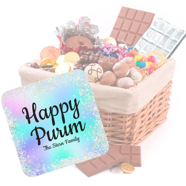 Custom Glitzer Pastel Juwish Happy Purim Quadratischer Aufkleber (Von Creator hochgeladen)