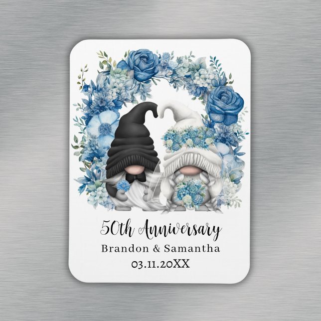 Custom Gnome Blue Blumen 50. Hochzeitstag Magnet (Custom Gnome Blue Flowers 50th Wedding Anniversary Magnet
)