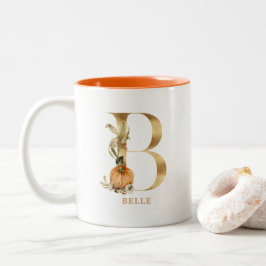 Custom Gold Alphabet B Monogram | Floral Pumpkin Zweifarbige Tasse