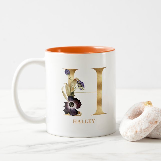 Custom Gold Alphabet H Monogram | Herbst Zweifarbige Tasse (Mit Donut)