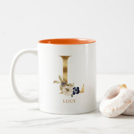 Custom Gold Alphabet L Monogram | Floral Pumpkin Zweifarbige Tasse