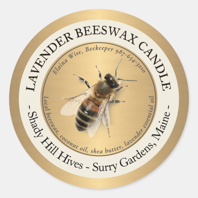 Custom Gold Beeswax Kerzen Label Honey Bee Runder Aufkleber (Vorderseite)