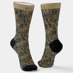 Custom Gold Black Aquamarin Blue Paisley Muster Socken
