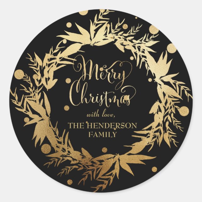 Custom Gold Black Christmas Eucalyptus Wreath Runder Aufkleber (Vorderseite)