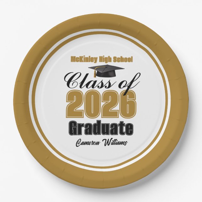 Custom Gold Black Class of 2026 Graduation Party Pappteller (Vorderseite)
