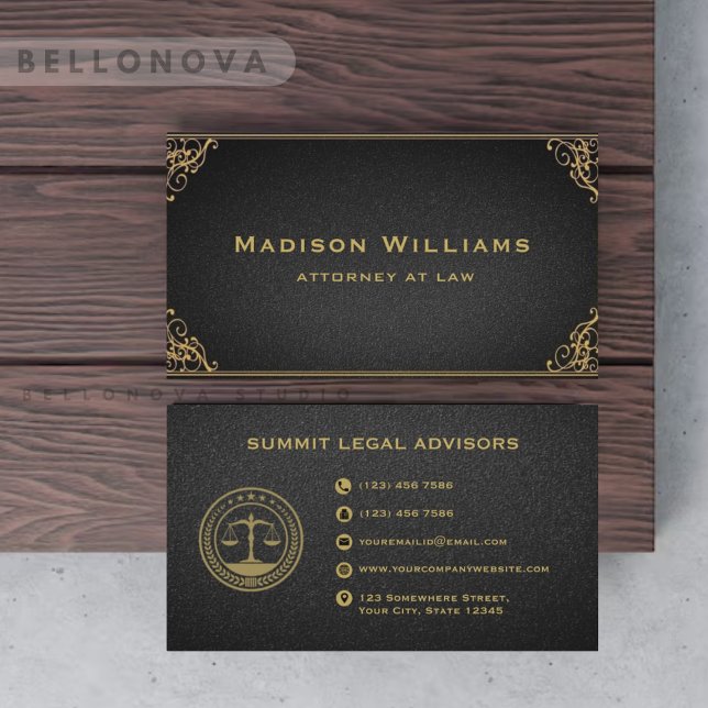 Custom Gold Black Monogram Law Office Visitenkarte (Custom Gold Black Grey Monogram Law Office Business Card)