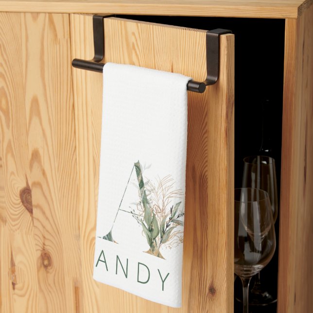 Custom Gold Botanic Eucalyptus Monogram Geschirrtuch (Drittel gefaltet)