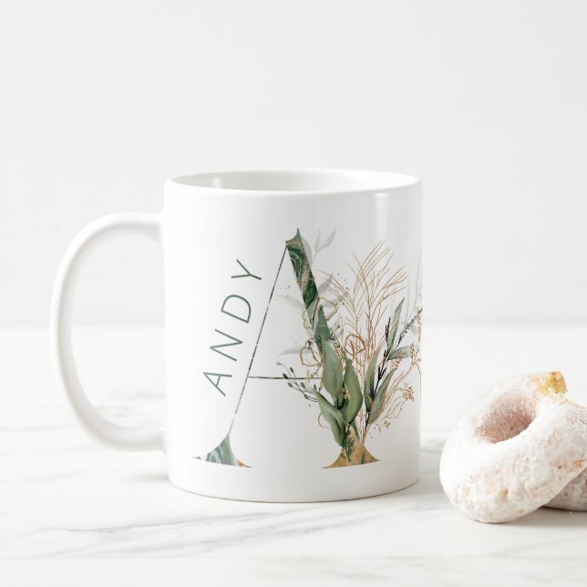 Custom Gold Botanic Eucalyptus Monogram Kaffeetasse (Mit Donut)
