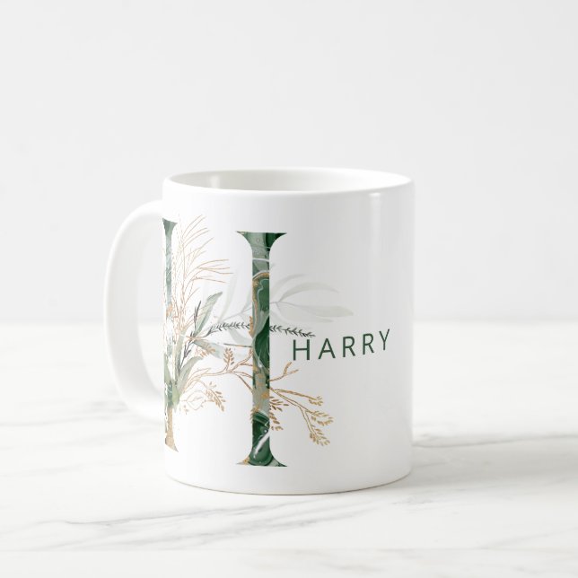 Custom Gold Botanical Eucalyptus Monogram "H" Kaffeetasse (Vorderseite Links)