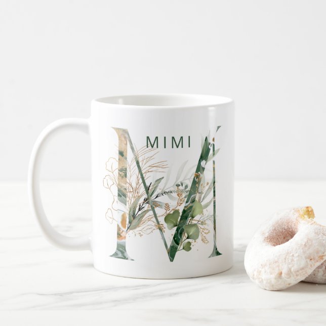 Custom Gold Botanical Eukalyptus Monogram "M" Kaffeetasse (Mit Donut)
