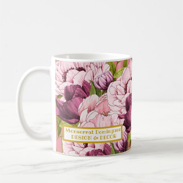 Custom Gold Business Name Elegante Rosa Peony Kaffeetasse (Links)