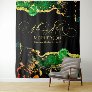 Custom Gold Calligraphy Green Black Wedding Foto Wandteppich