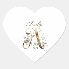 Custom Gold Floral Letter A Heart Envelope Seal Herz-Aufkleber