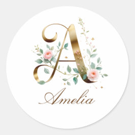 Custom Gold Floral Letter A Round Sticker