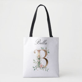 Custom Gold Floral Letter B All-Over Print Tote