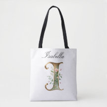 Custom Gold Floral Letter I All-Over Print Tote