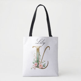 Custom Gold Floral Letter L All-Over Print Tote