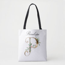 Custom Gold Floral Letter P All-Over Print Tote