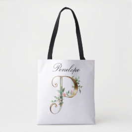Custom Gold Floral Letter P All-Over Print Tote