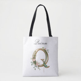 Custom Gold Floral Letter Q All-Over Print Tote