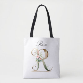 Custom Gold Floral Letter R All-Over Print Tote