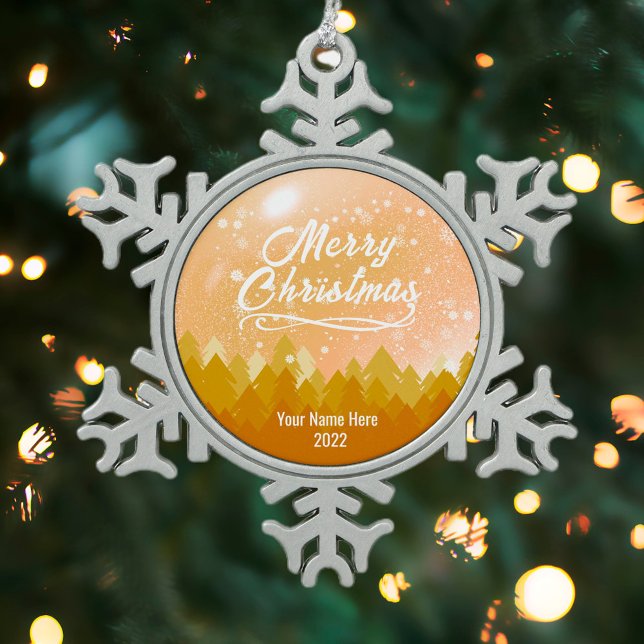 Custom Gold Friedlich Snow Forest Frohe Weihnachte Schneeflocken Zinn-Ornament (Von Creator hochgeladen)
