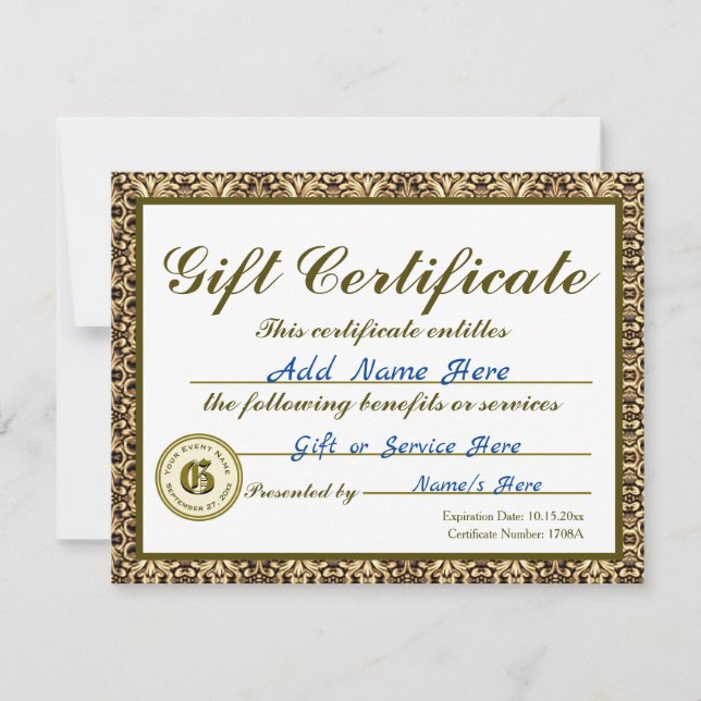 Custom Gold Gift Certificate for Invitations Einladung (Vorderseite)