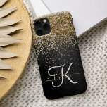 Custom Gold Glitter Black Sparkle Monogram iPhone 14 Pro Max Hülle<br><div class="desc">Easily personalize this trendy elegant phone case design featuring pretty gold sparkling glitter on a black brushed metallic background.</div>