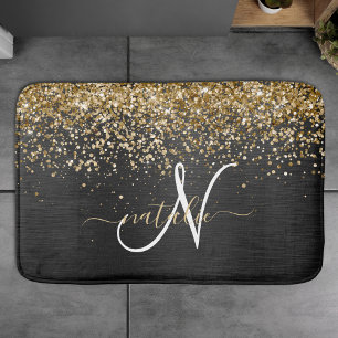 Custom Gold Glitzer Black Sparkgram Monogram Badematte