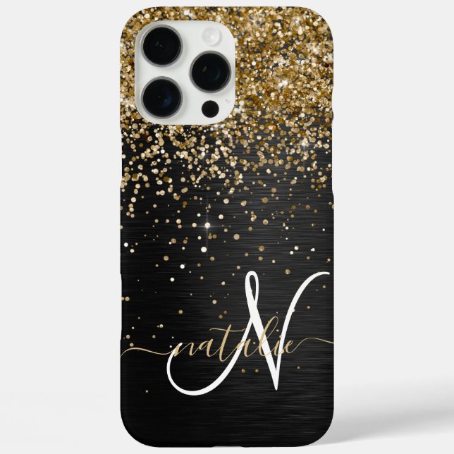 Custom Gold Glitzer Black Sparkgram Monogram Case-Mate iPhone Hülle (Rückseite)