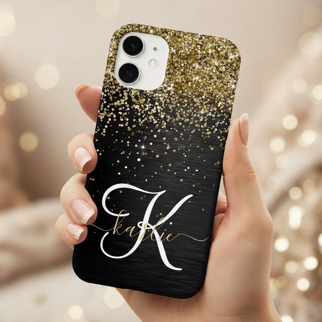 Custom Gold Glitzer Black Sparkgram Monogram Case-Mate iPhone Hülle (Von Creator hochgeladen)