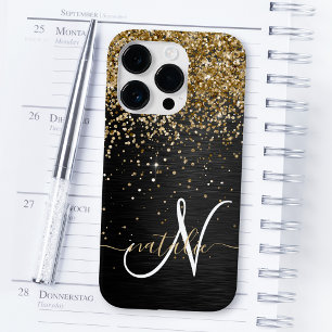 Custom Gold Glitzer Black Sparkgram Monogram Case-Mate iPhone 14 Pro Hülle