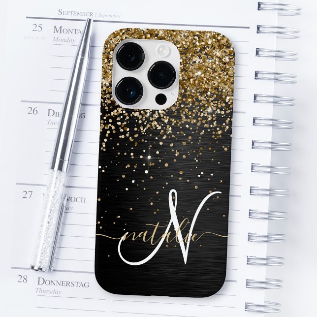 Custom Gold Glitzer Black Sparkgram Monogram Case-Mate iPhone Hülle (Von Creator hochgeladen)