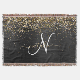 Custom Gold Glitzer Black Sparkgram Monogram Decke