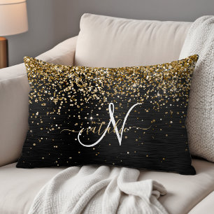Custom Gold Glitzer Black Sparkgram Monogram Dekokissen