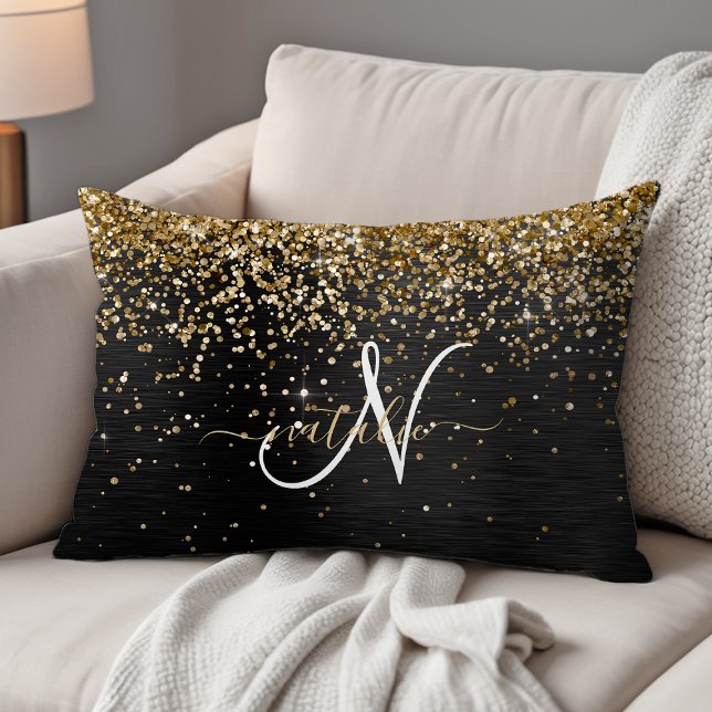 Custom Gold Glitzer Black Sparkgram Monogram Dekokissen (Von Creator hochgeladen)