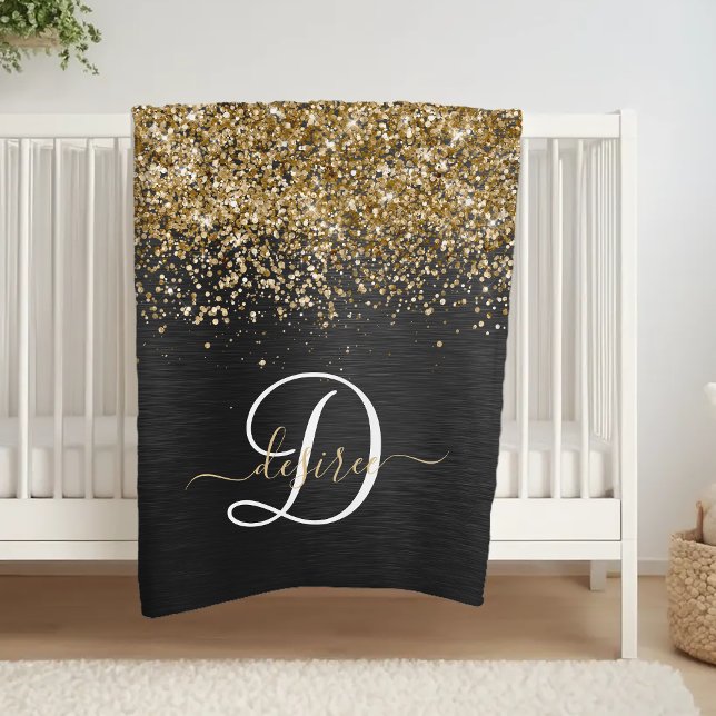 Custom Gold Glitzer Black Sparkgram Monogram Fleecedecke (Von Creator hochgeladen)
