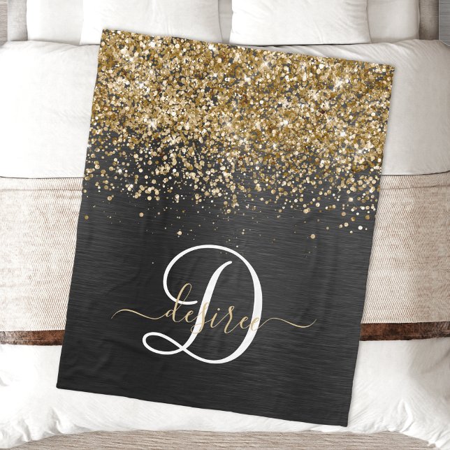 Custom Gold Glitzer Black Sparkgram Monogram Fleecedecke (Von Creator hochgeladen)