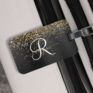 Custom Gold Glitzer Black Sparkgram Monogram Gepäckanhänger